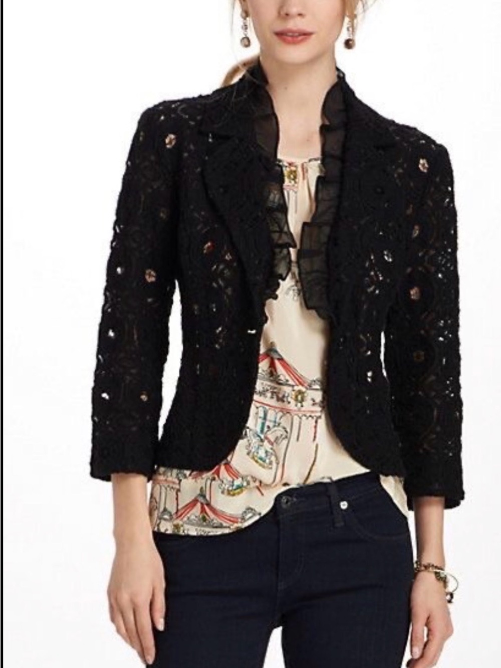 Tabitha-Anthropologie Lace Button-Front Blazer